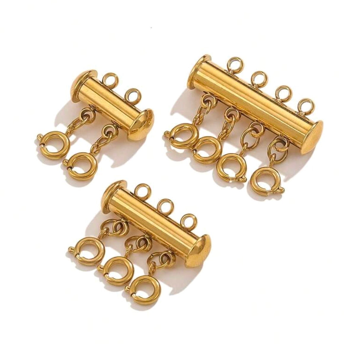 Gold jewelry layering clasp with multiple connectors for necklace stacking