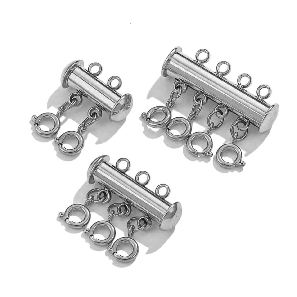 Silver jewelry layering clasp with multiple connectors for tangle free necklace layering